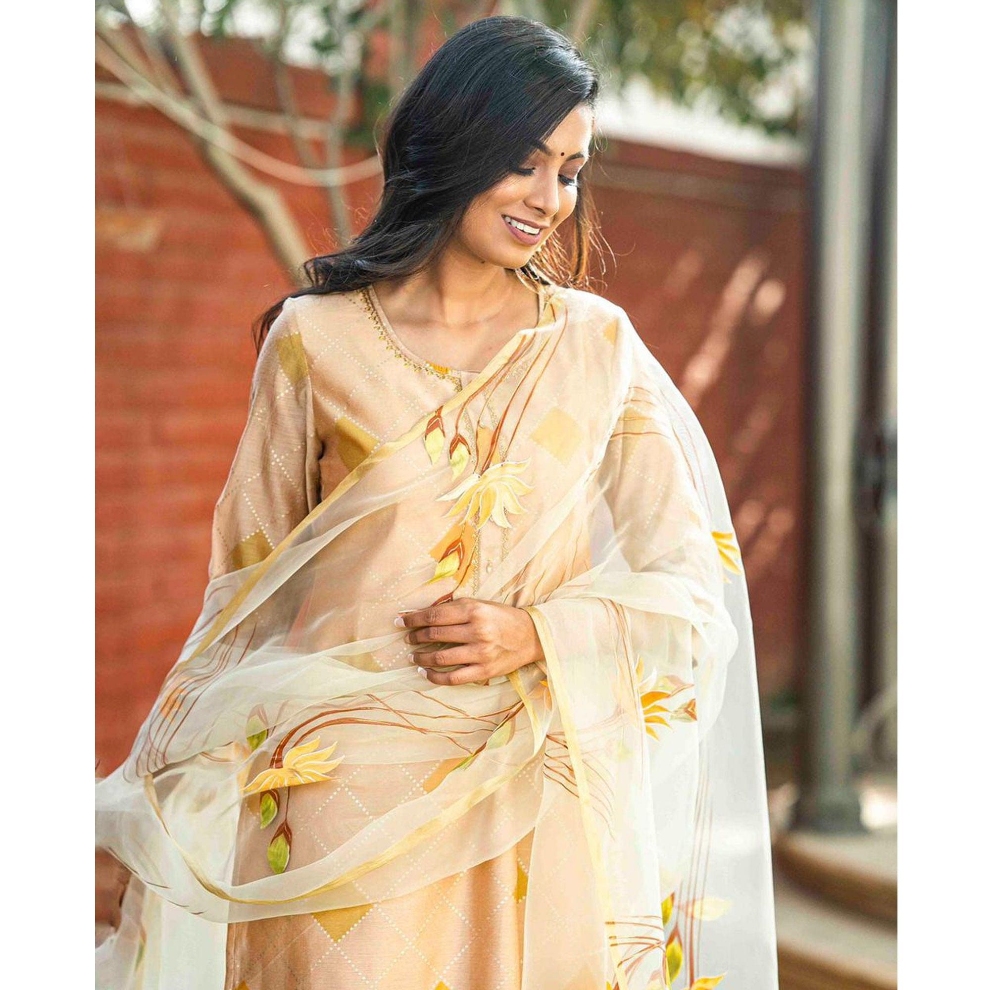 Cream Partywear Printed Cotton Silk Kurti Pant Set With Dupatta - Peachmode
