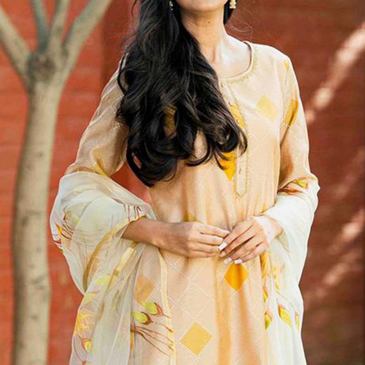Cream Partywear Printed Cotton Silk Kurti Pant Set With Dupatta - Peachmode
