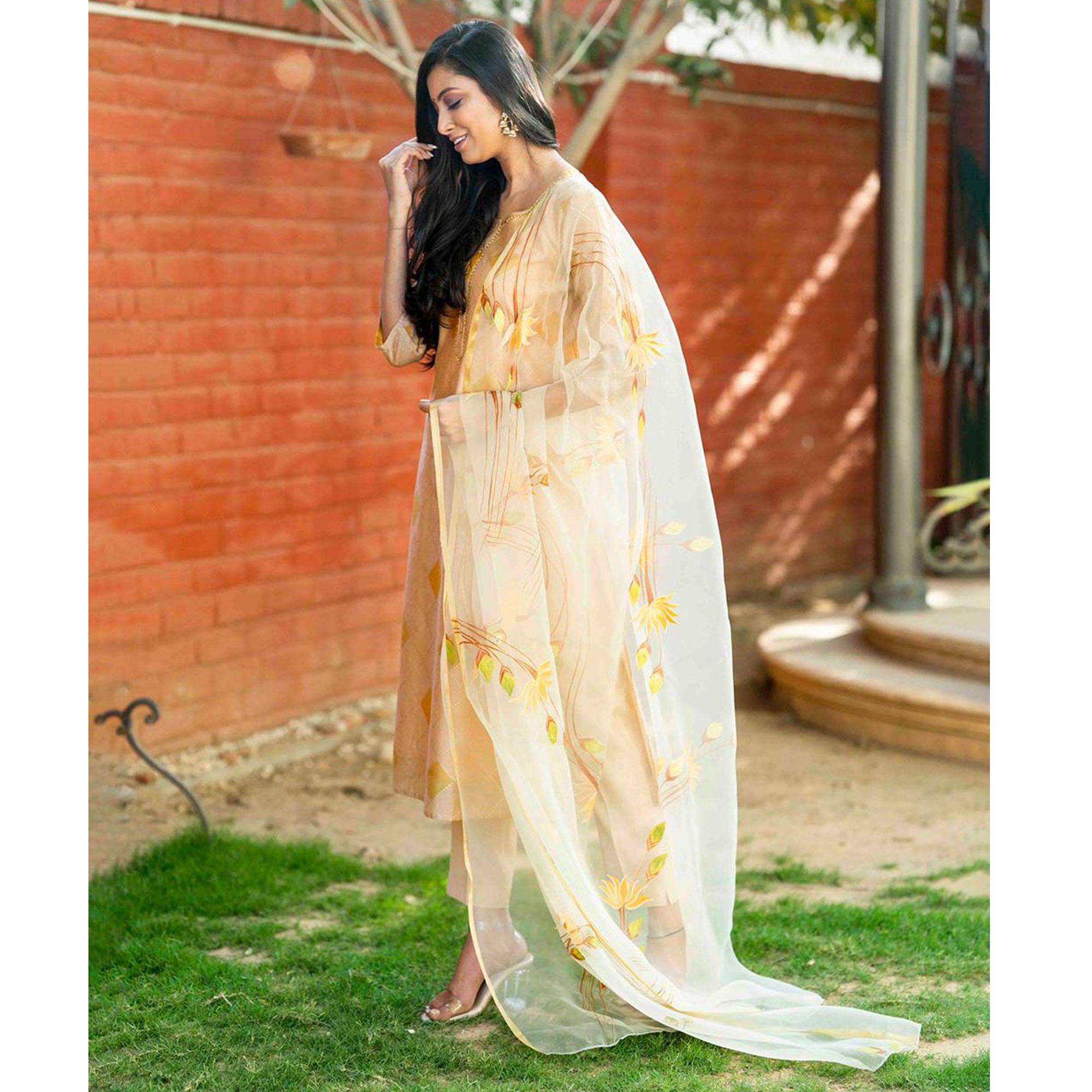 Cream Partywear Printed Cotton Silk Kurti Pant Set With Dupatta - Peachmode