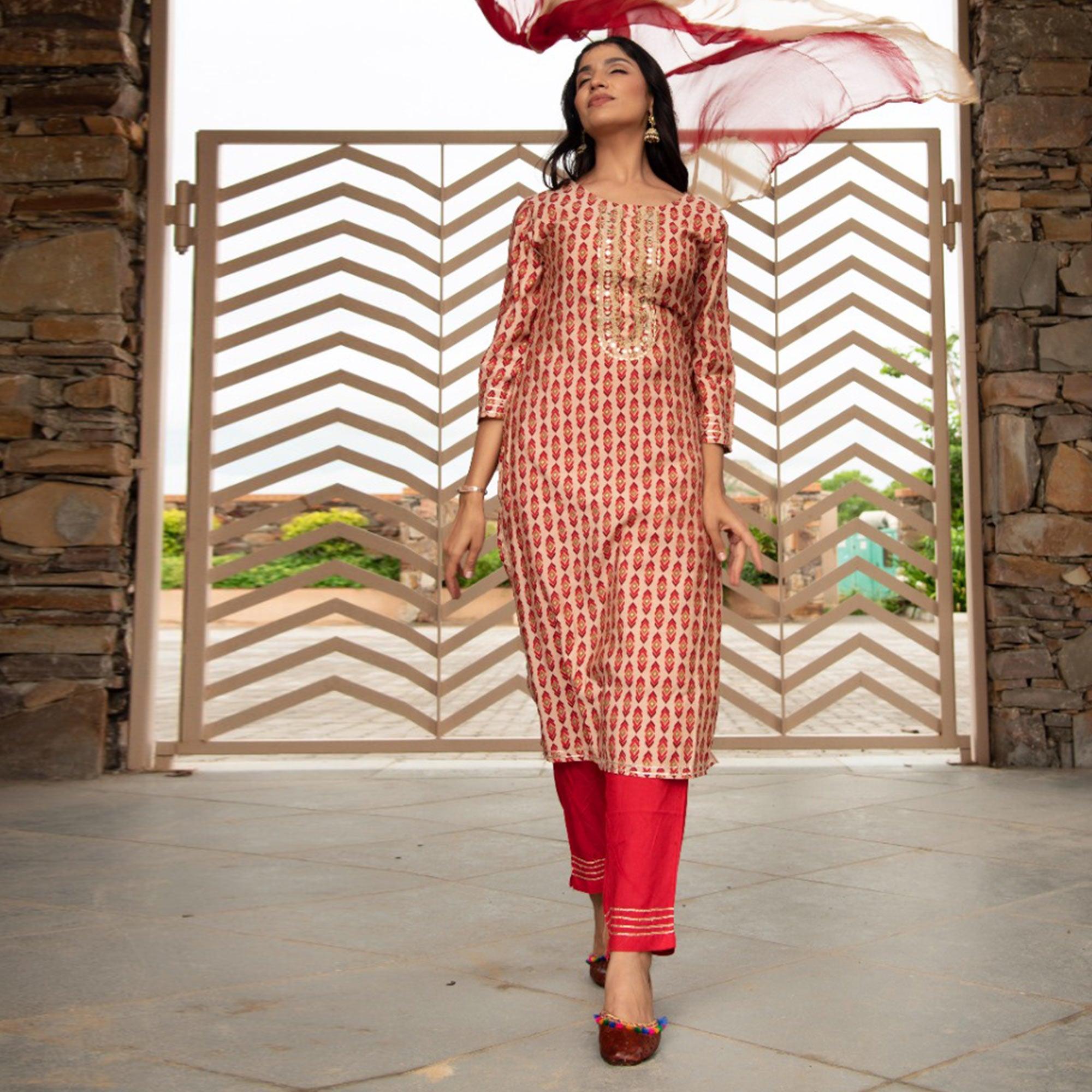 Cream Partywear Printed With Embellished Cotton Kurti Pant Set - Peachmode