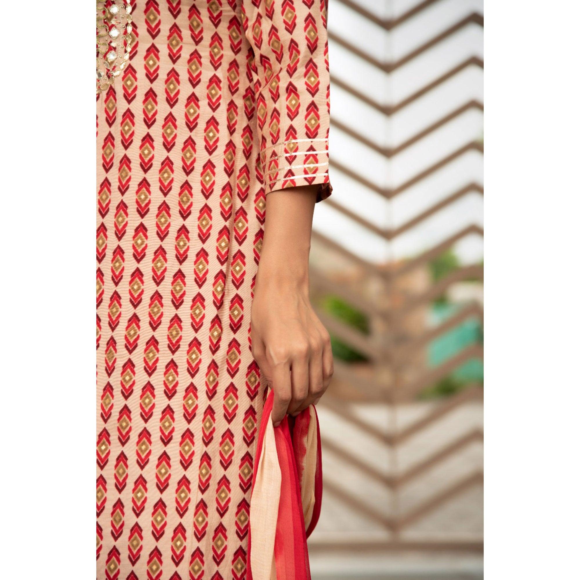 Cream Partywear Printed With Embellished Cotton Kurti Pant Set - Peachmode