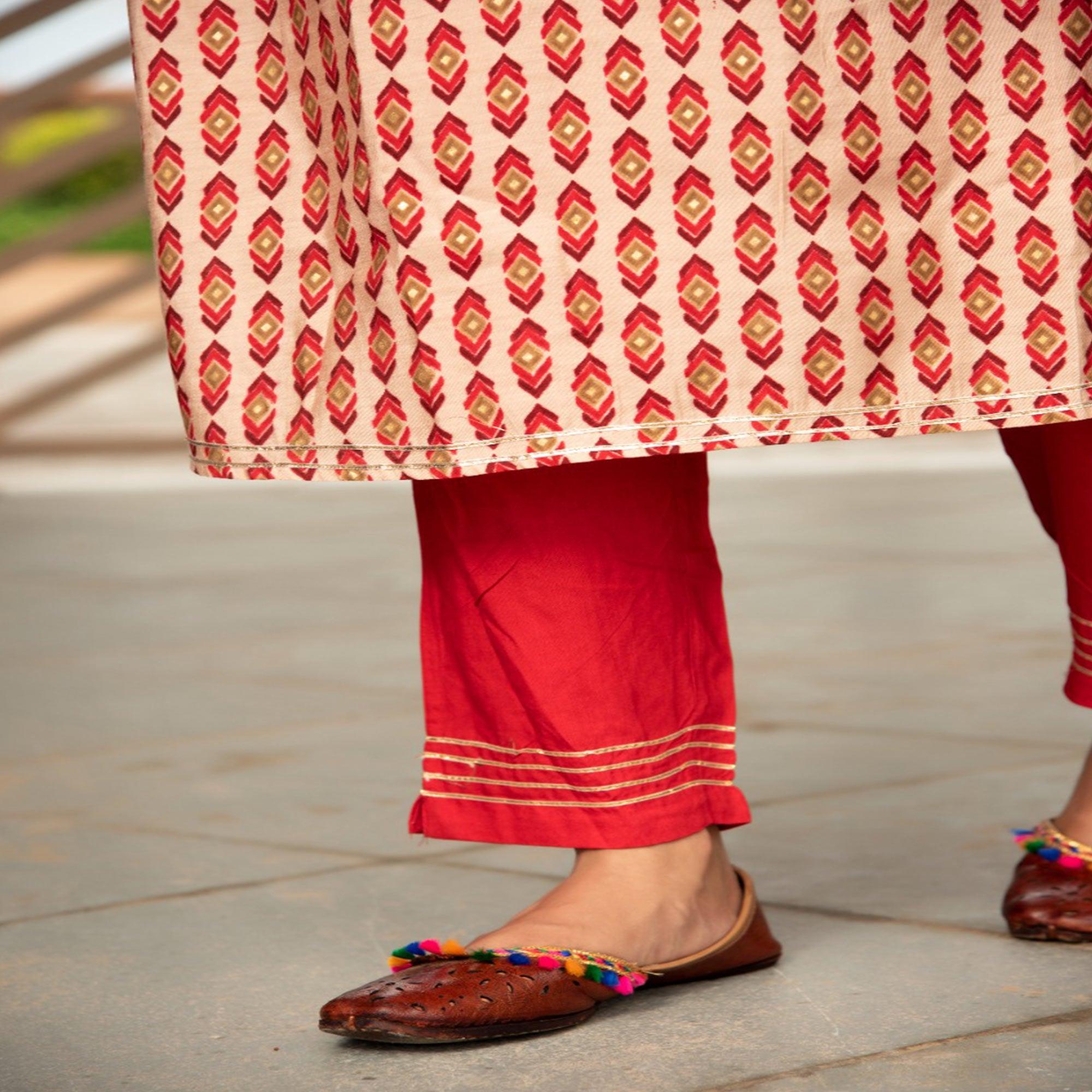 Cream Partywear Printed With Embellished Cotton Kurti Pant Set - Peachmode