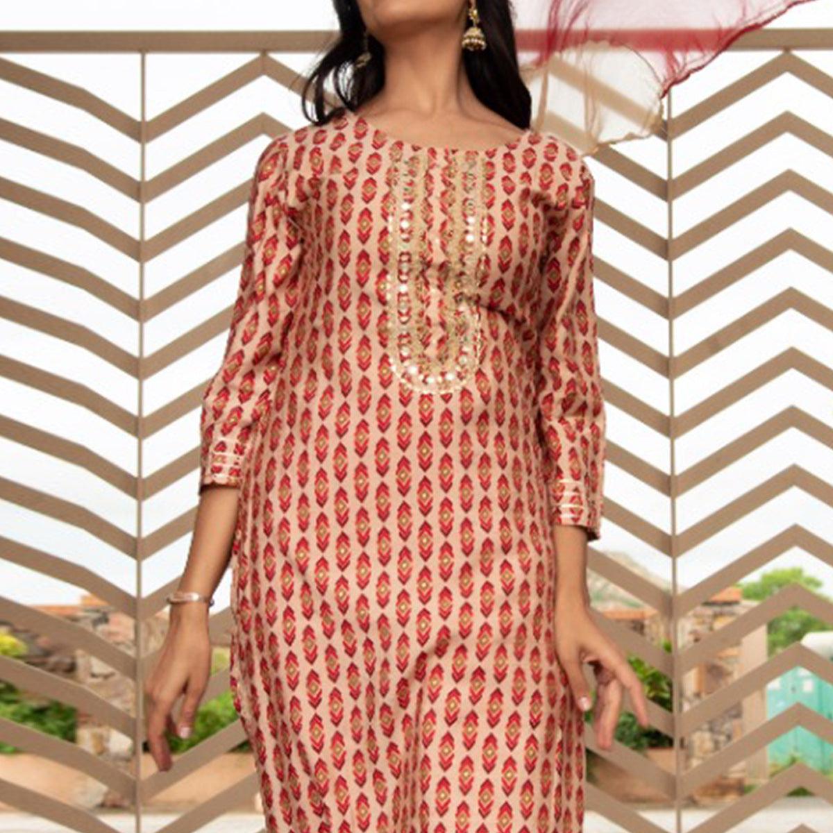 Cream Partywear Printed With Embellished Cotton Kurti Pant Set - Peachmode