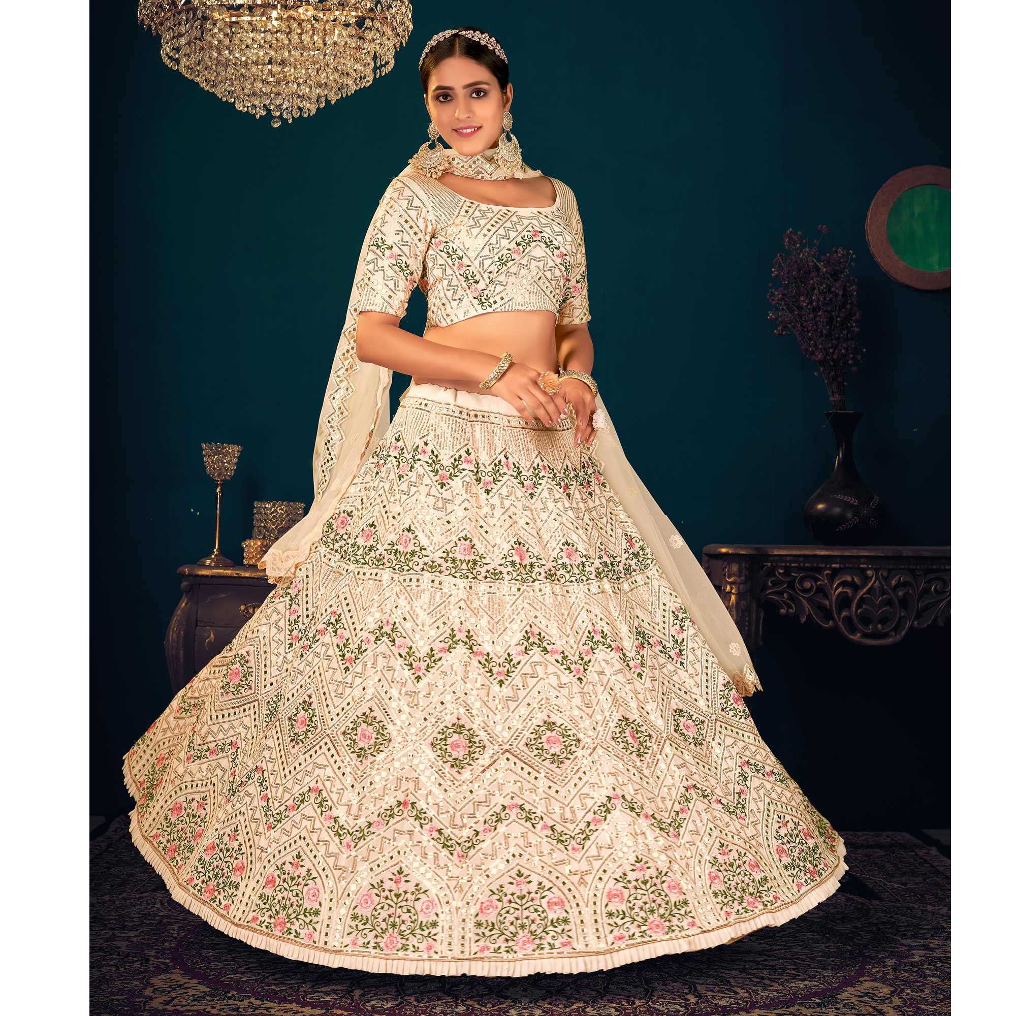 Cream Partywear Sequence With Gotta Patti Embroidered Georgette Lehenga Choli - Peachmode