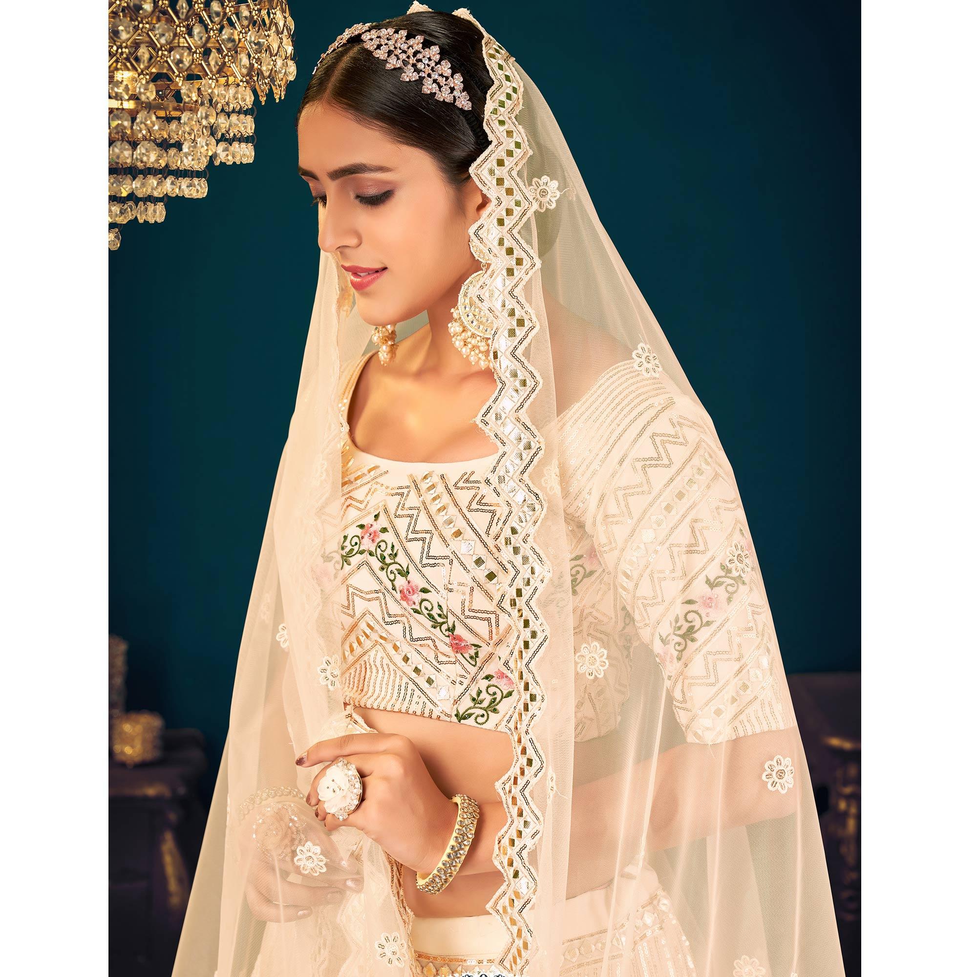 Cream Partywear Sequence With Gotta Patti Embroidered Georgette Lehenga Choli - Peachmode