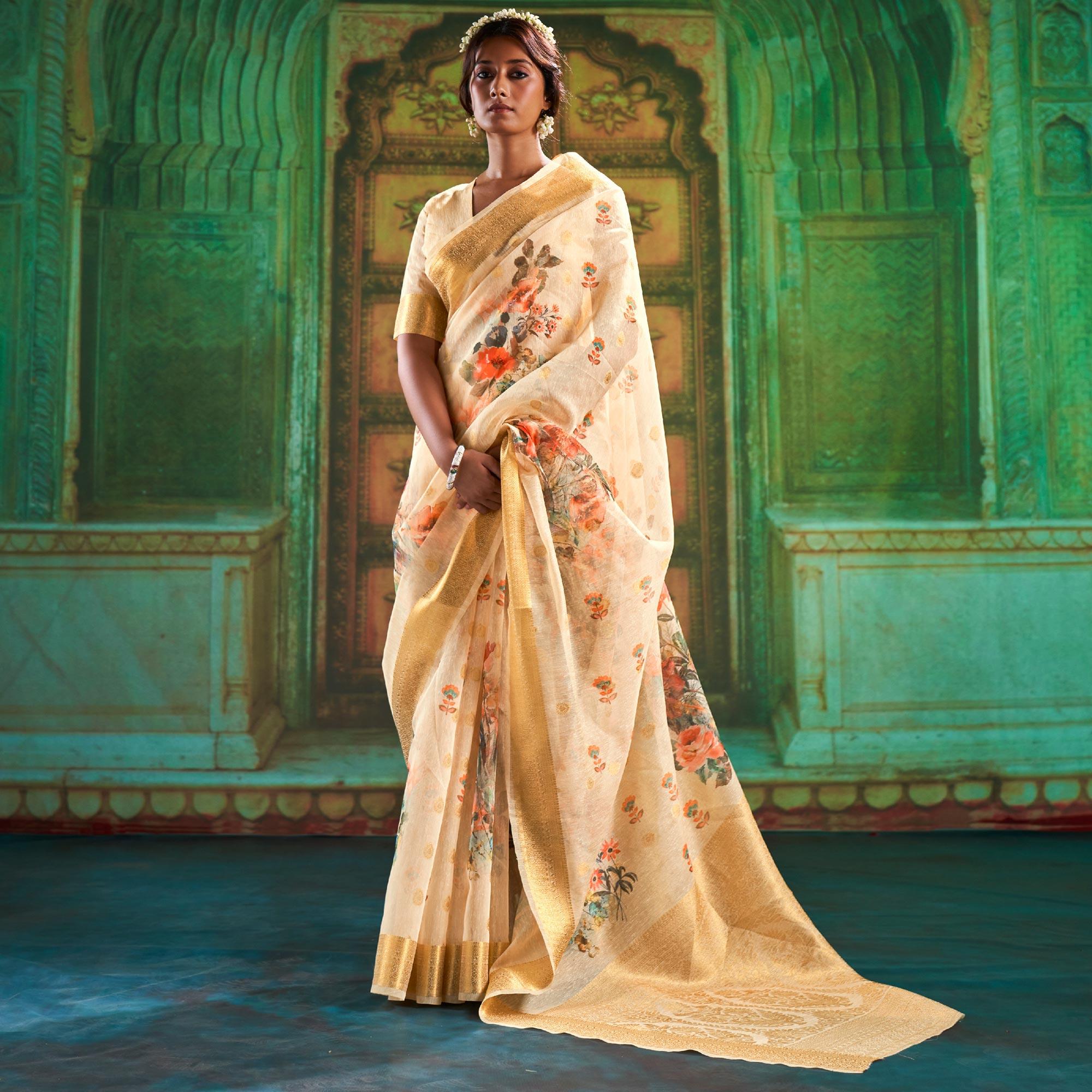 Cream Partywear Wear Digital Floral Taspa Linen Silk Saree - Peachmode