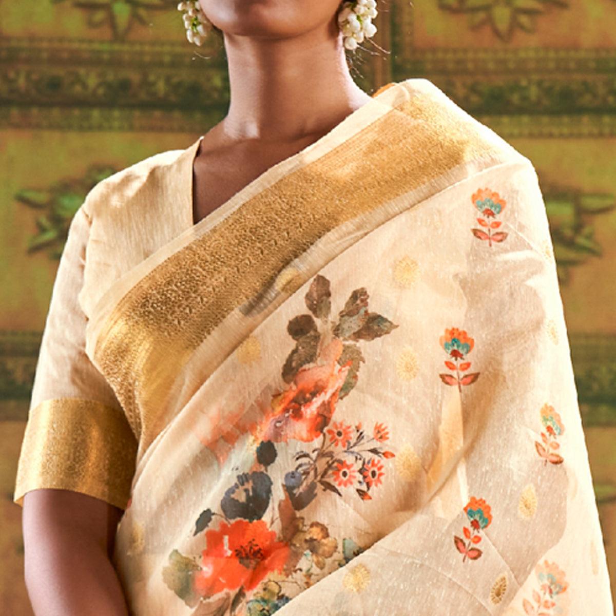 Cream Partywear Wear Digital Floral Taspa Linen Silk Saree - Peachmode