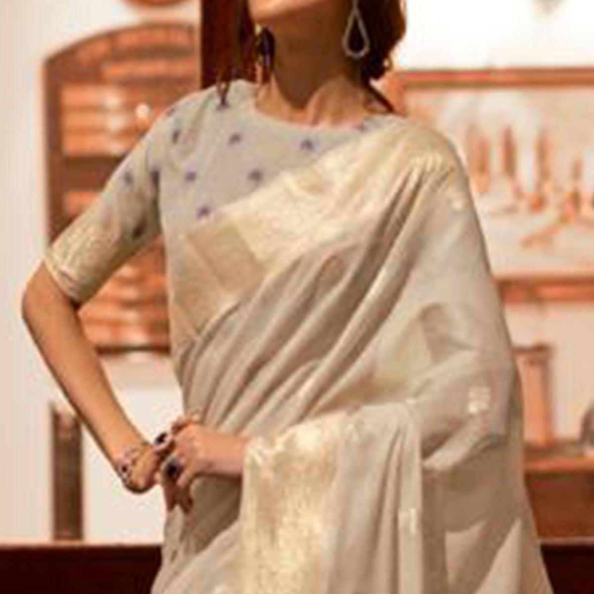 Cream Partywear Woven Silk Saree - Peachmode