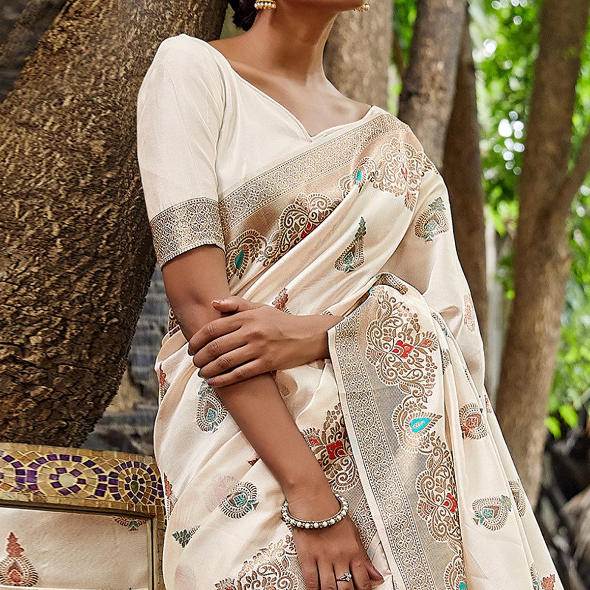 Cream Partywear Woven Silk Saree - Peachmode