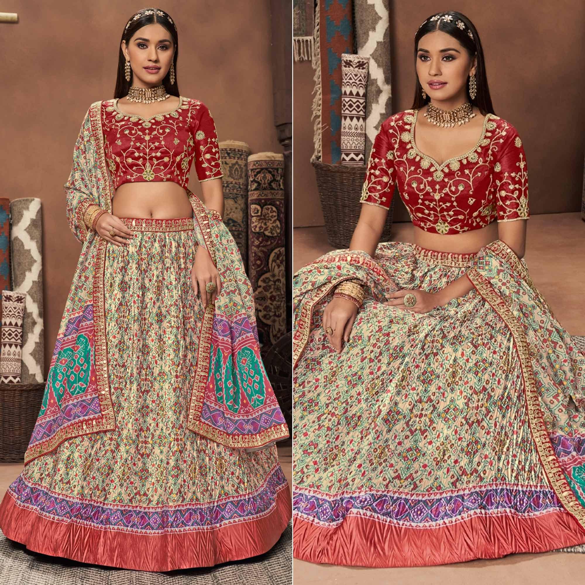 Cream Patola Printed Art Silk Lehenga Choli - Peachmode