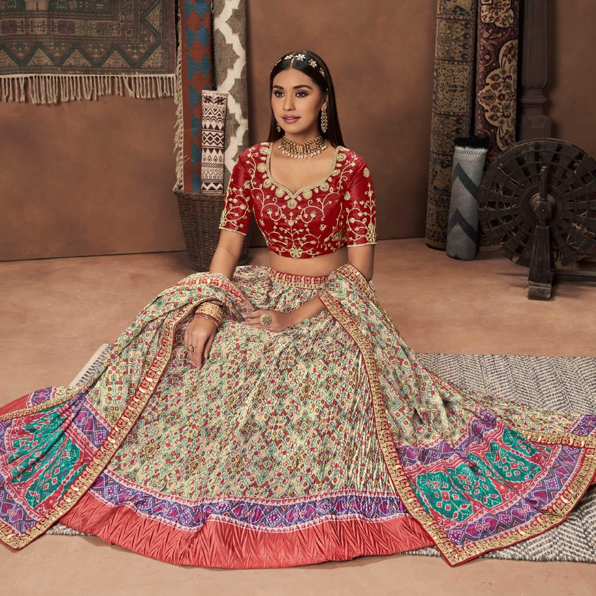 Cream Patola Printed Art Silk Lehenga Choli - Peachmode