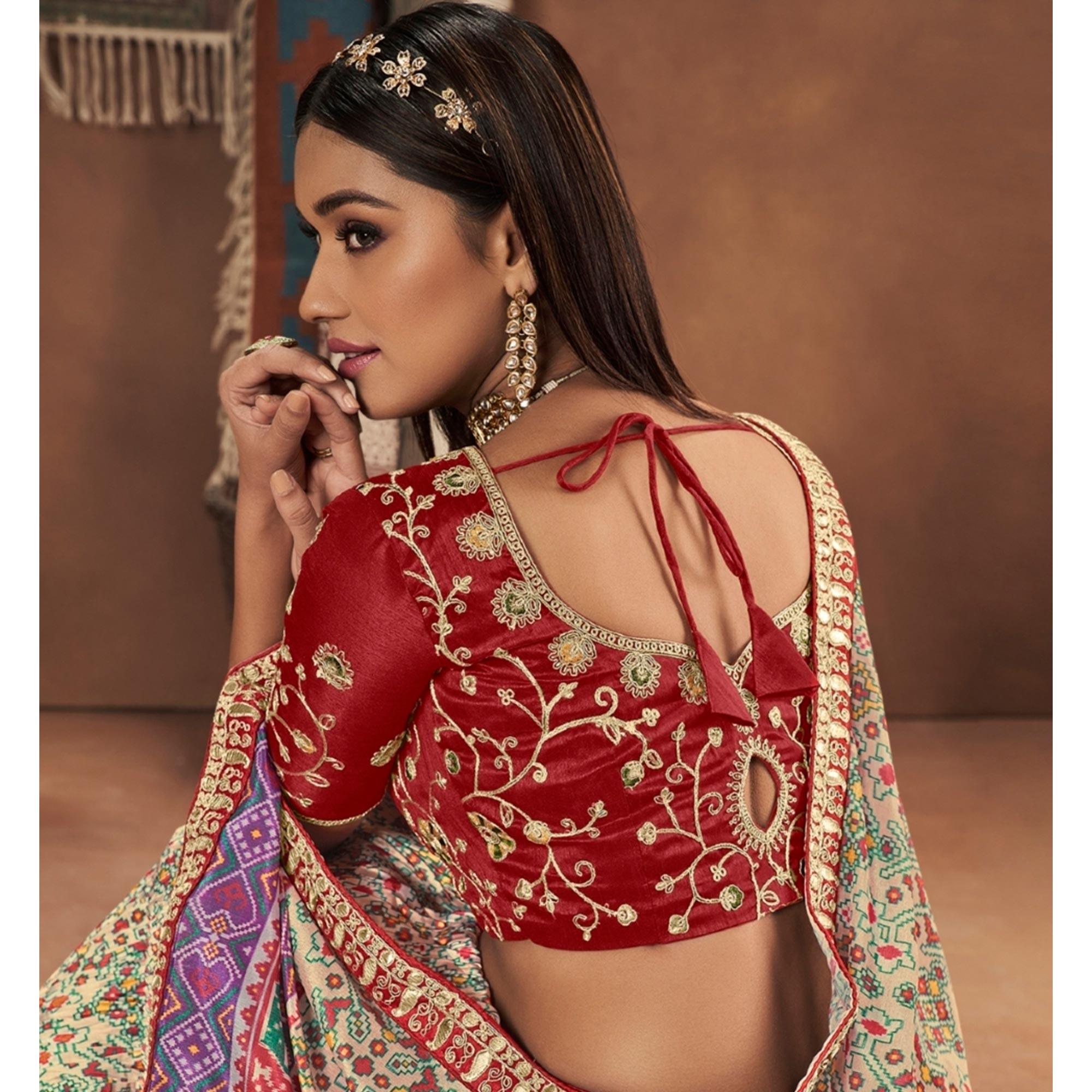 Cream Patola Printed Art Silk Lehenga Choli - Peachmode