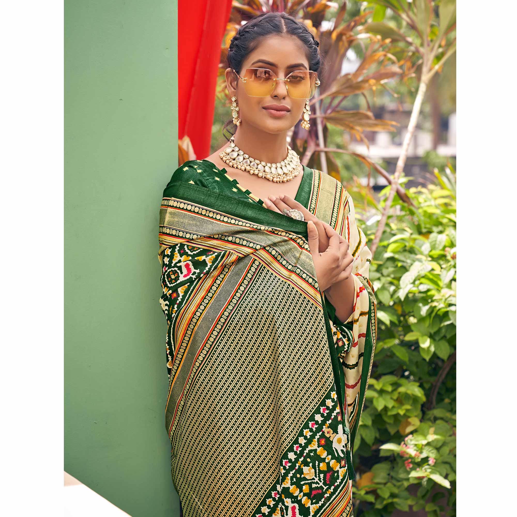 Cream Patola Printed Silk Saree With Tassels - Peachmode