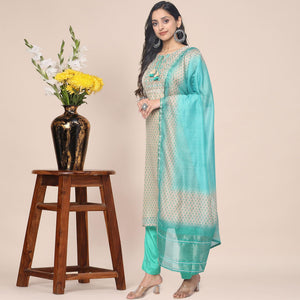 Cream Patywear Embroidered Muslin Kurti Pant Set With Dupatta - Peachmode