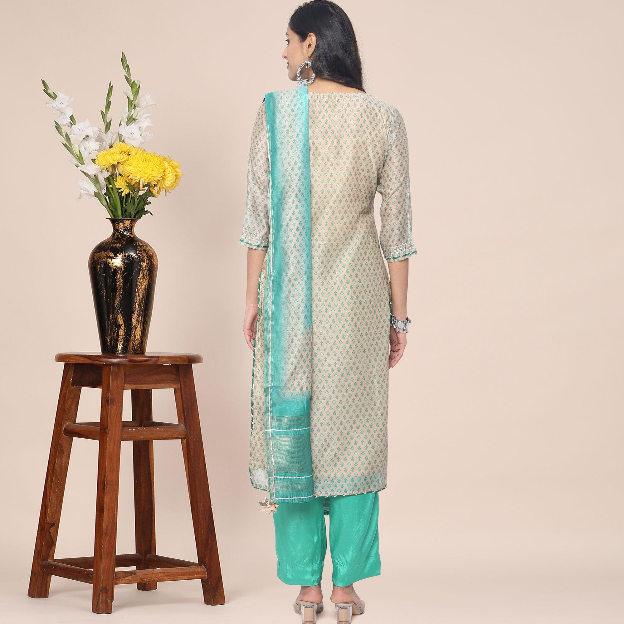 Cream Patywear Embroidered Muslin Kurti Pant Set With Dupatta - Peachmode