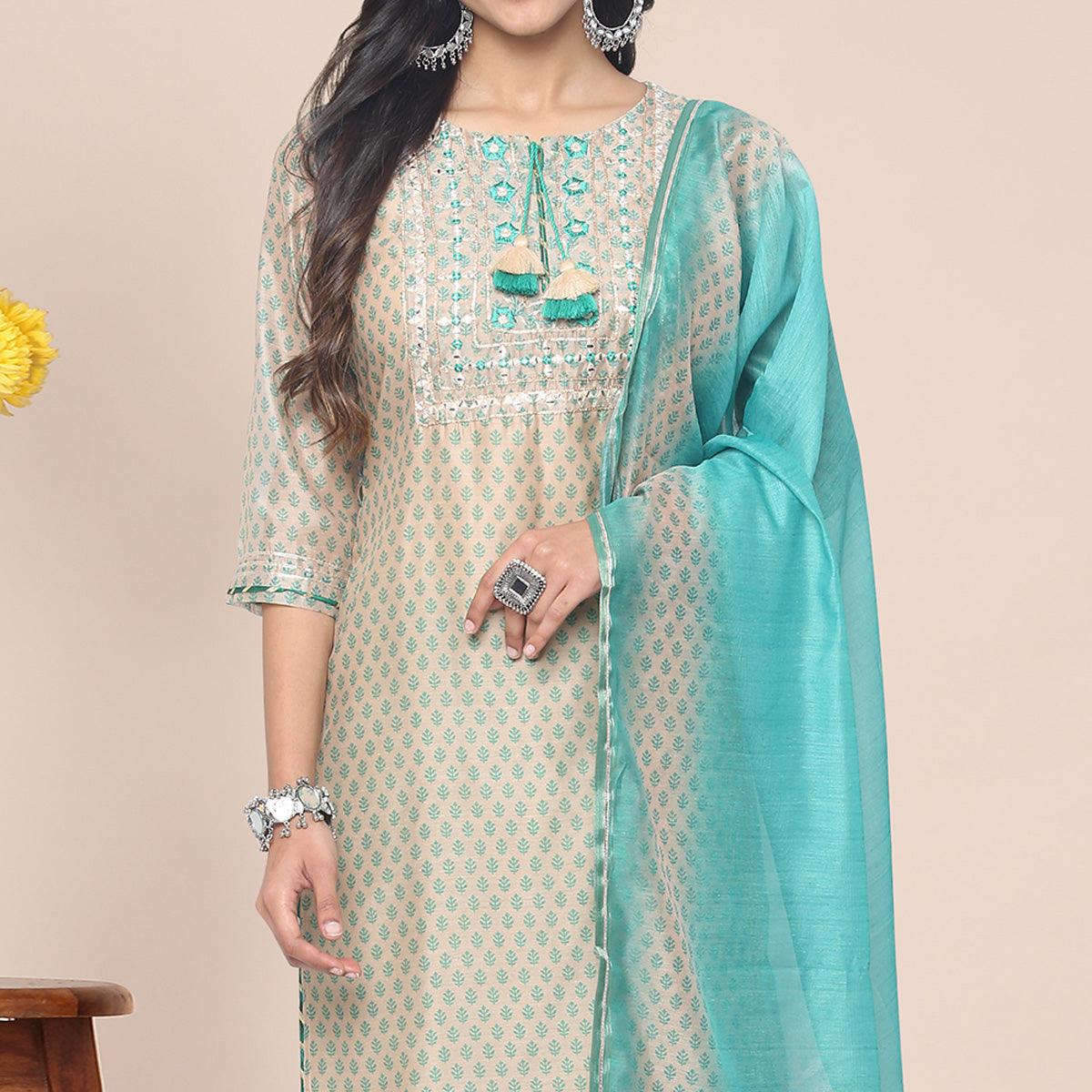 Cream Patywear Embroidered Muslin Kurti Pant Set With Dupatta - Peachmode