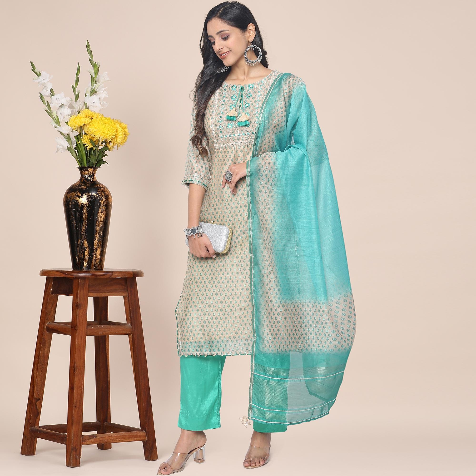 Cream Patywear Embroidered Muslin Kurti Pant Set With Dupatta - Peachmode