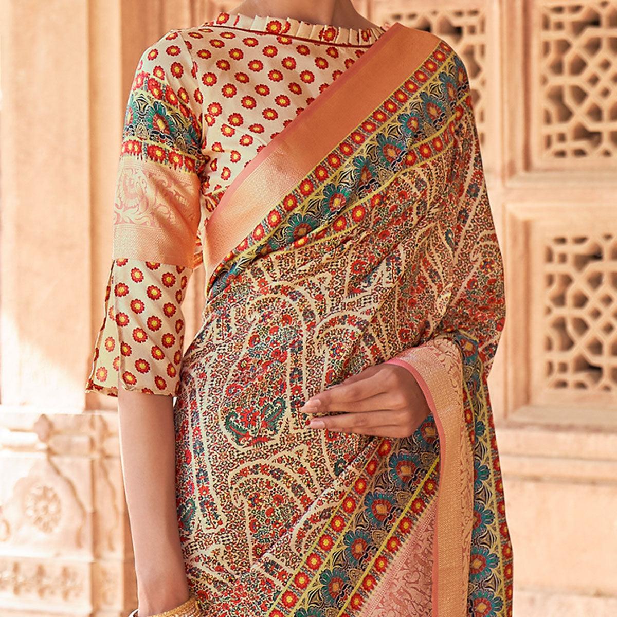 Cream - Peach Festive Wear Digital Printed Soft Silk Saree With Viscose Zari Border - Peachmode