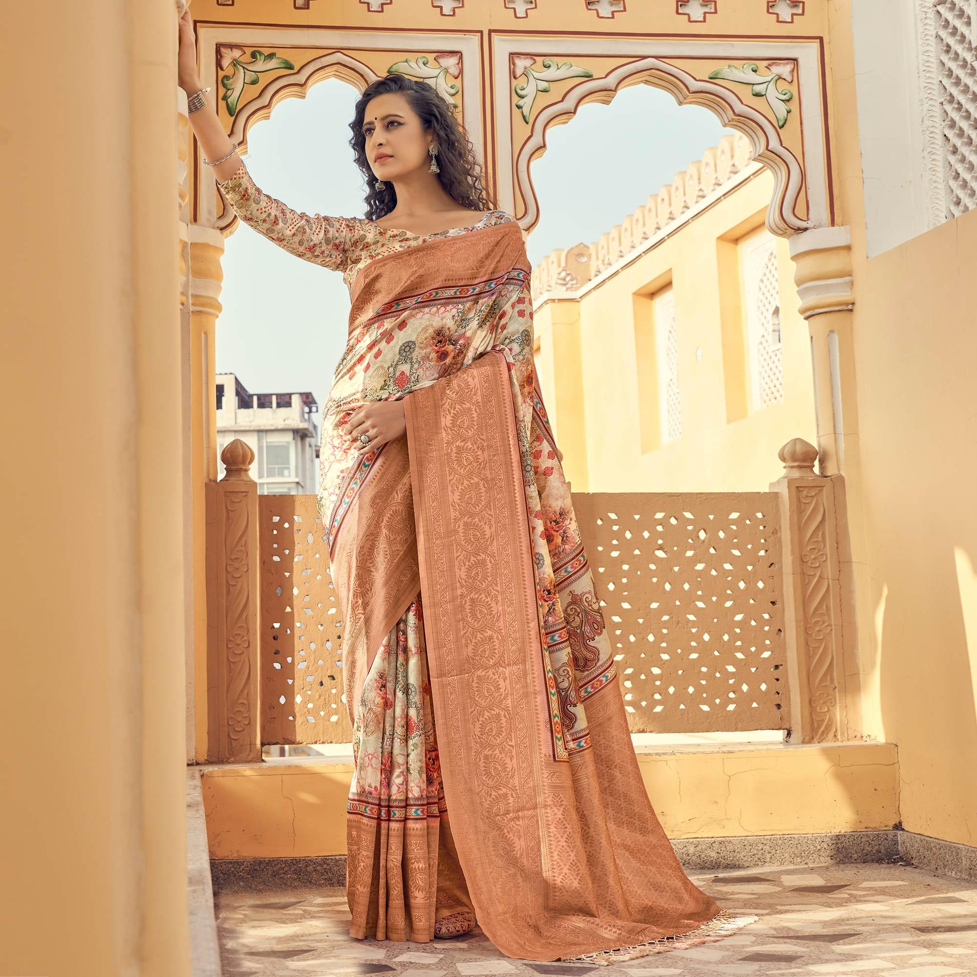Cream-Peach Party Wear Digital Print Art Silk Saree With Tassels - Peachmode