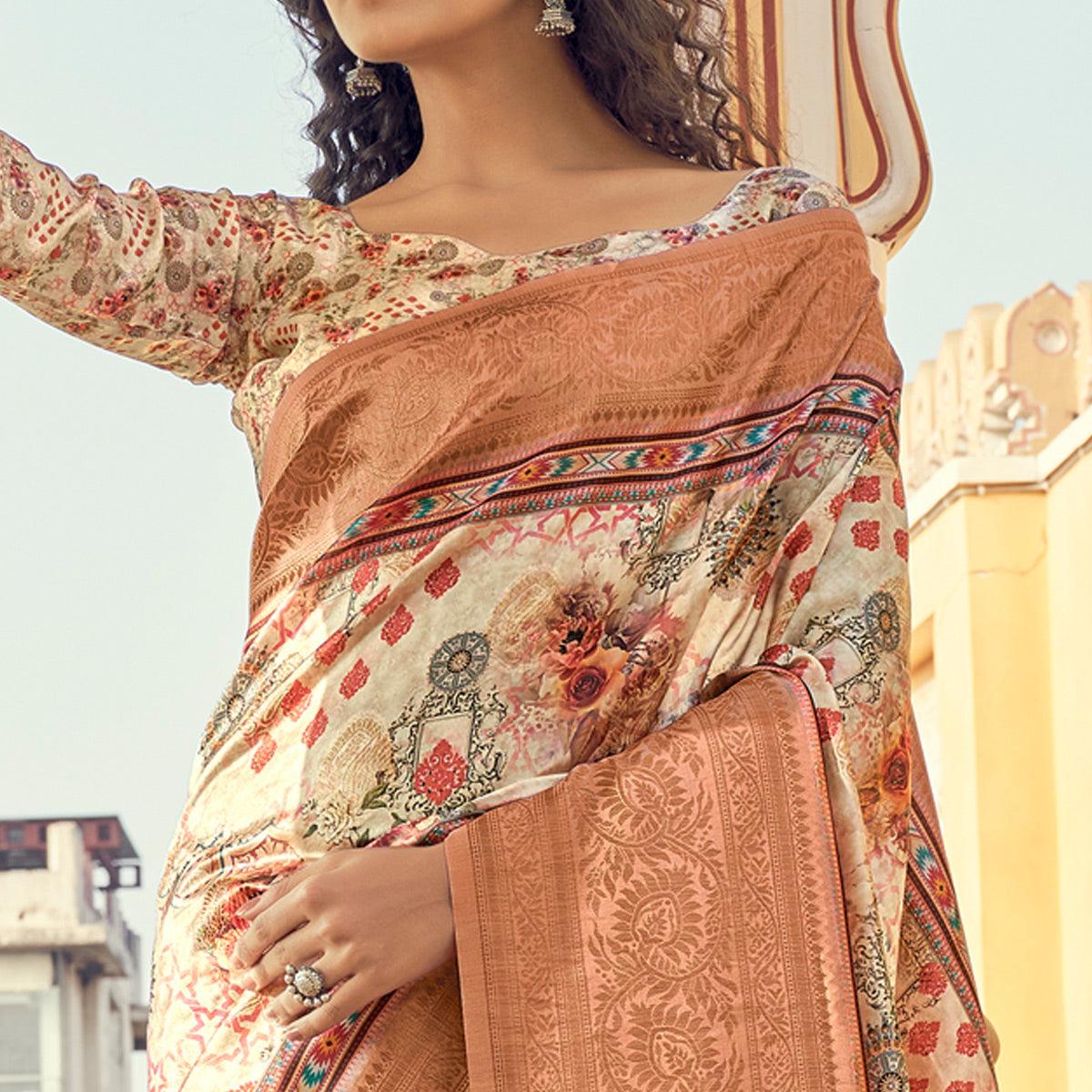 Cream-Peach Party Wear Digital Print Art Silk Saree With Tassels - Peachmode