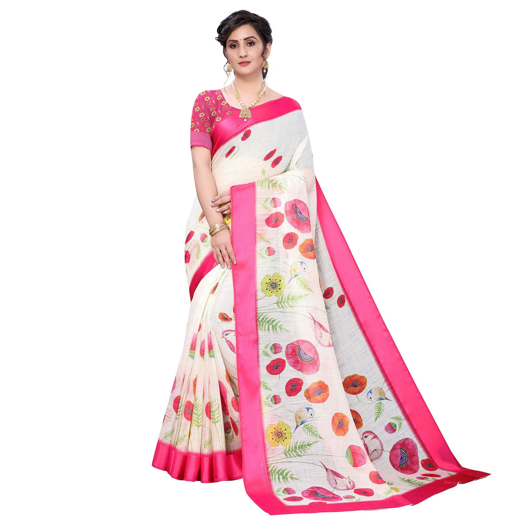 Cream-Pink Casual Wear Floral Digital Printed Linen Slub saree - Peachmode