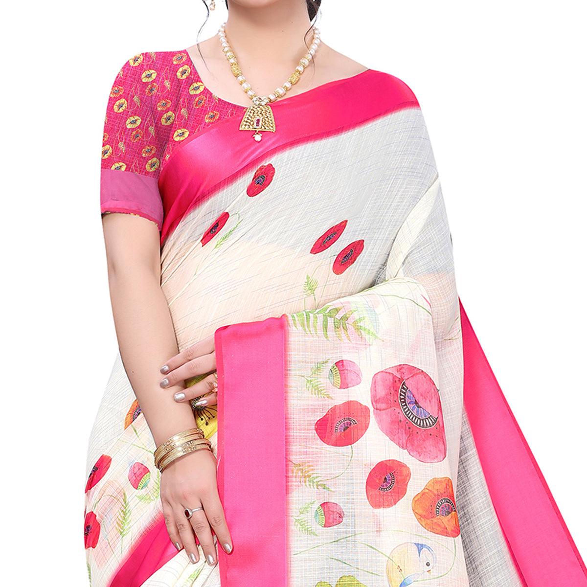 Cream-Pink Casual Wear Floral Digital Printed Linen Slub saree - Peachmode