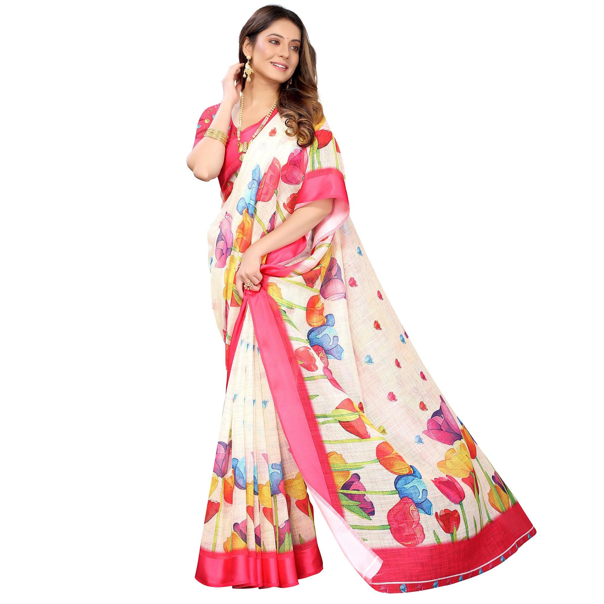 Cream-Pink Casual Wear Floral Digital Printed Linen Slub saree - Peachmode