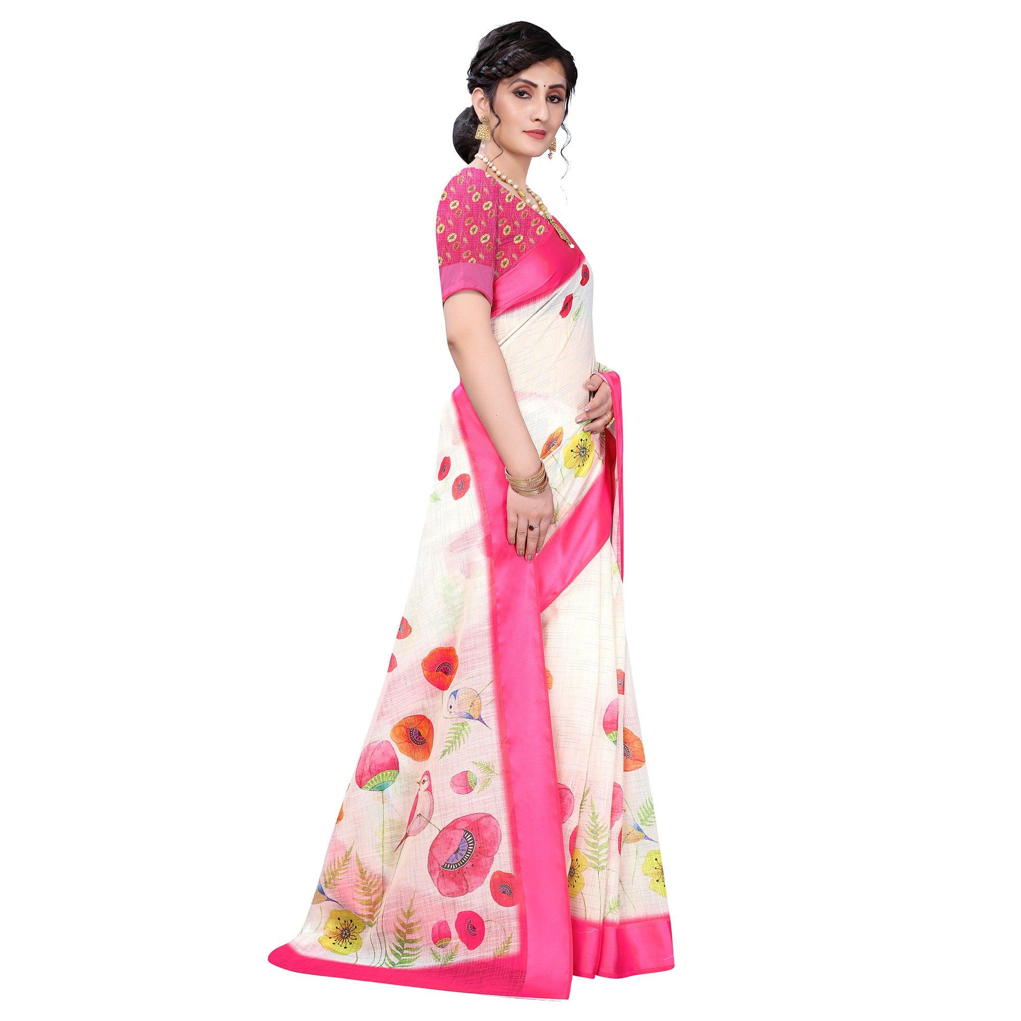 Cream-Pink Casual Wear Floral Digital Printed Linen Slub saree - Peachmode