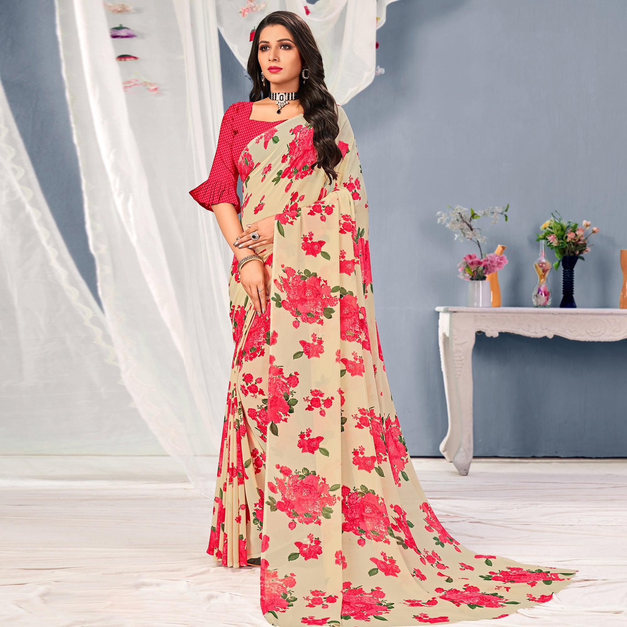 Cream-Pink Floral Printed Georgette Saree - Peachmode