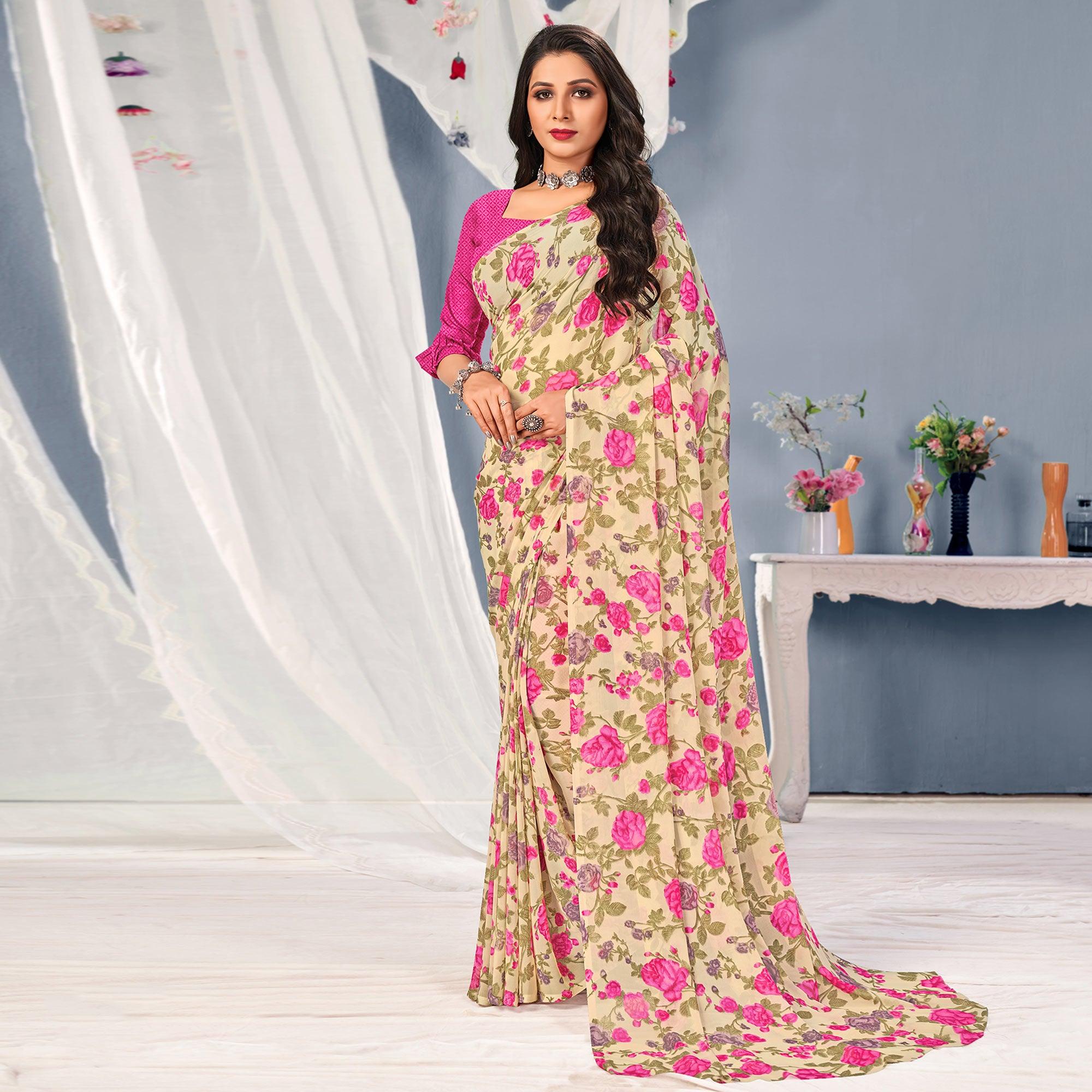 Cream-Pink Floral Printed Georgette Saree - Peachmode