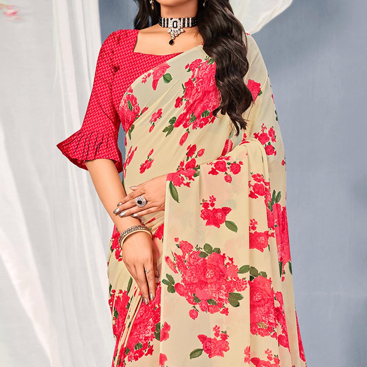 Cream-Pink Floral Printed Georgette Saree - Peachmode