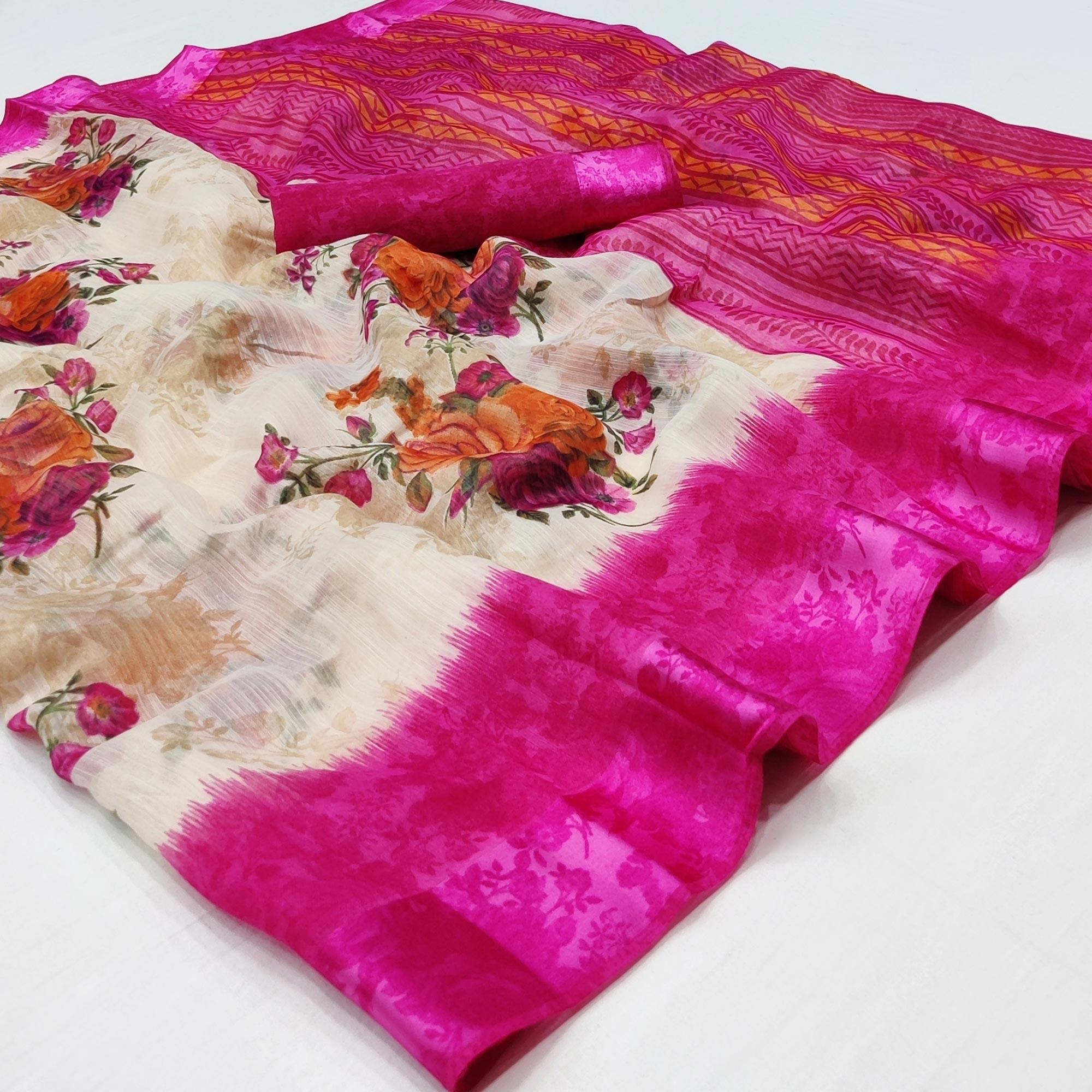 Cream-Pink Floral Printed Linen Saree - Peachmode