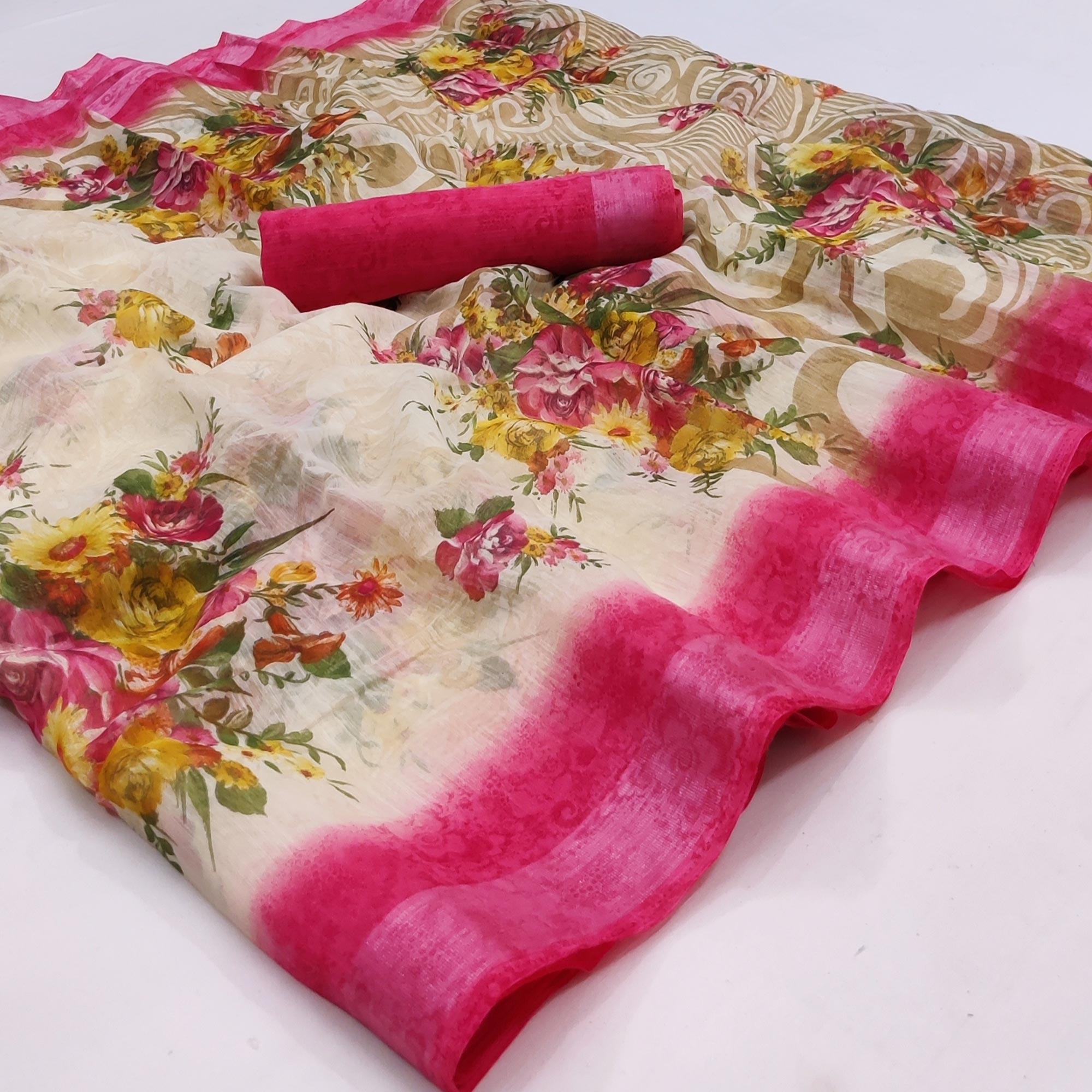 Cream-Pink Floral Printed Linen Saree - Peachmode