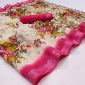 Cream-Pink Floral Printed Linen Saree - Peachmode