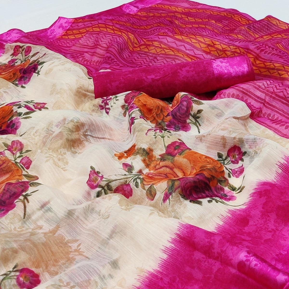 Cream-Pink Floral Printed Linen Saree - Peachmode