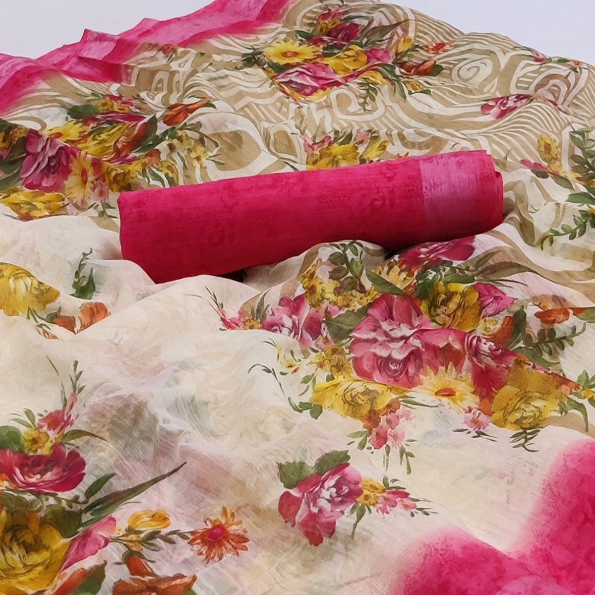 Cream-Pink Floral Printed Linen Saree - Peachmode