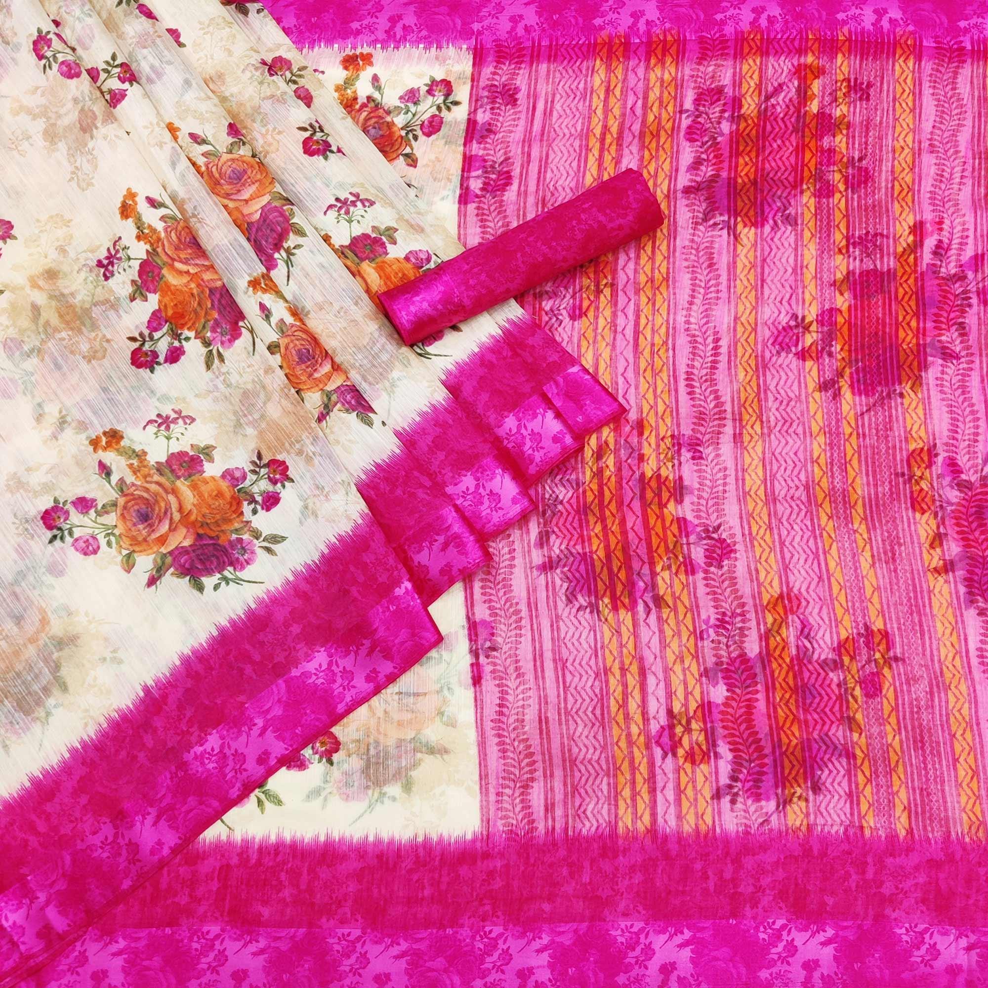 Cream-Pink Floral Printed Linen Saree - Peachmode