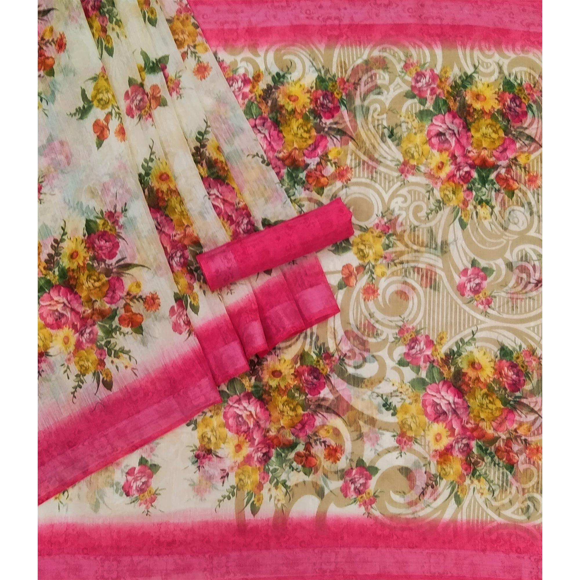 Cream-Pink Floral Printed Linen Saree - Peachmode