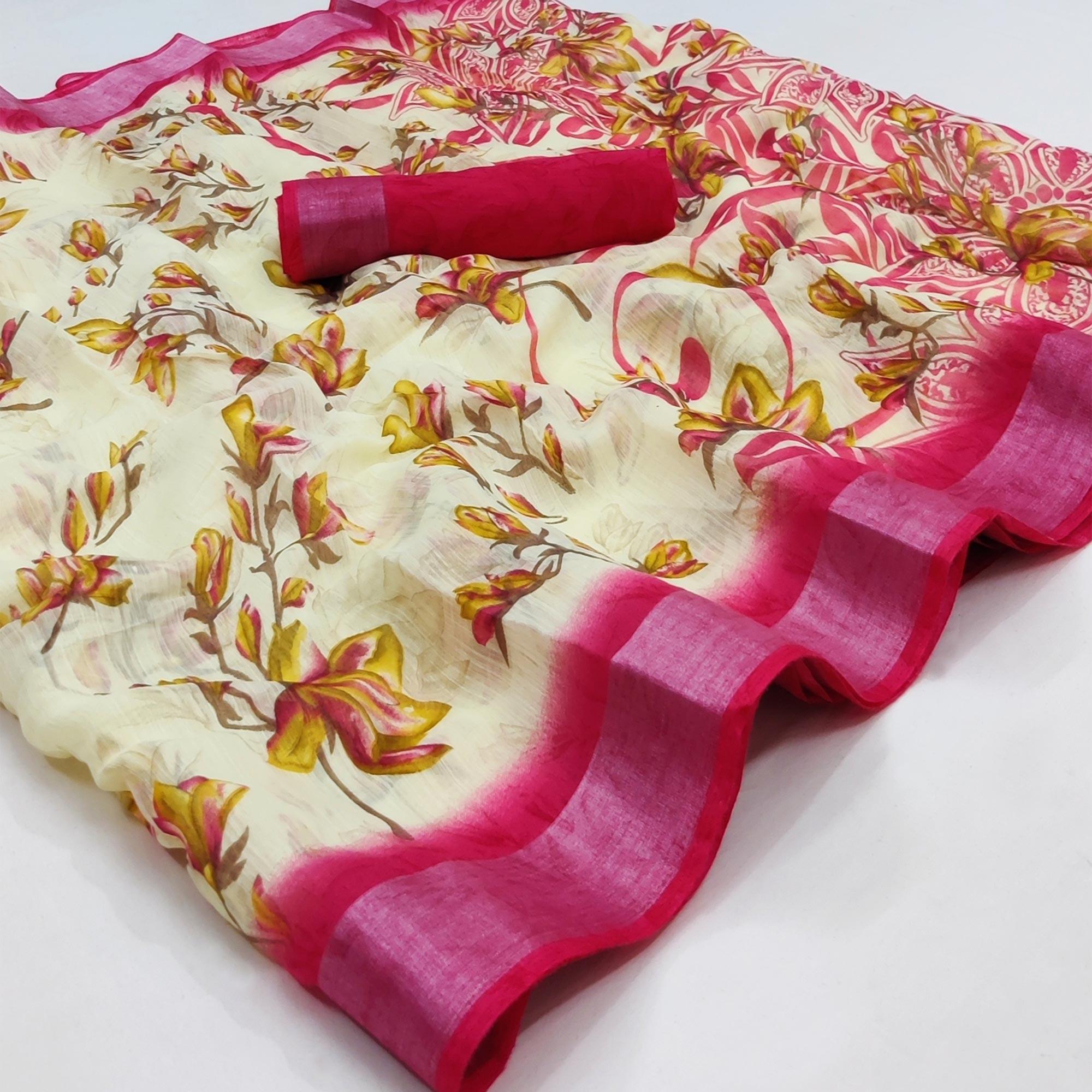 Cream-Pink Printed Linen Saree - Peachmode