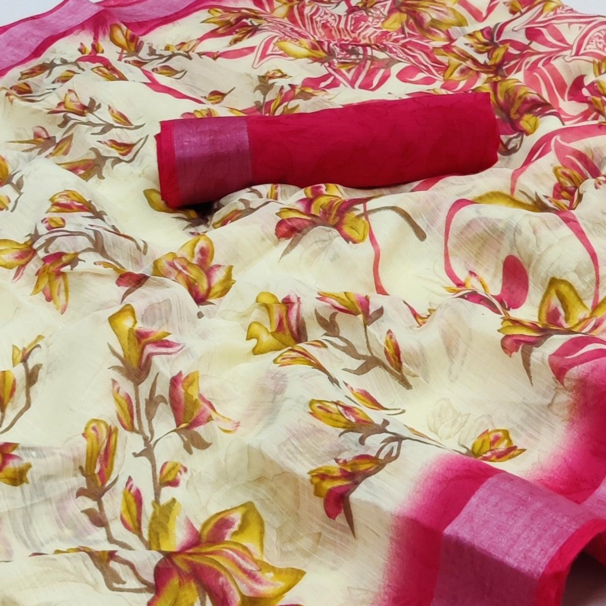 Cream-Pink Printed Linen Saree - Peachmode