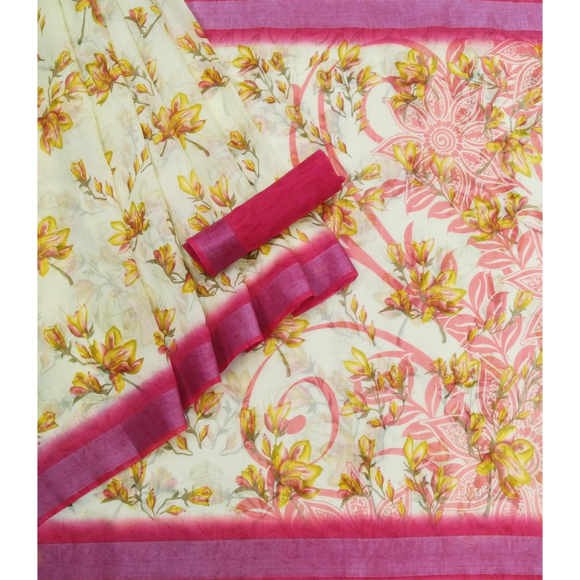 Cream-Pink Printed Linen Saree - Peachmode