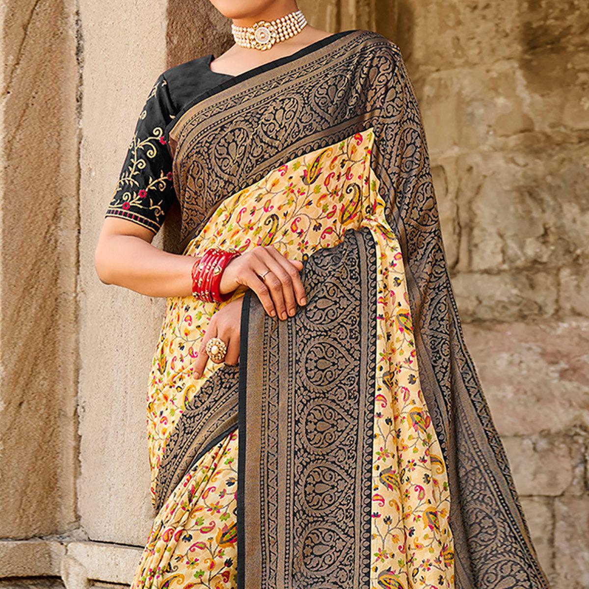 Cream Printed Art Silk Saree With Tassels - Peachmode