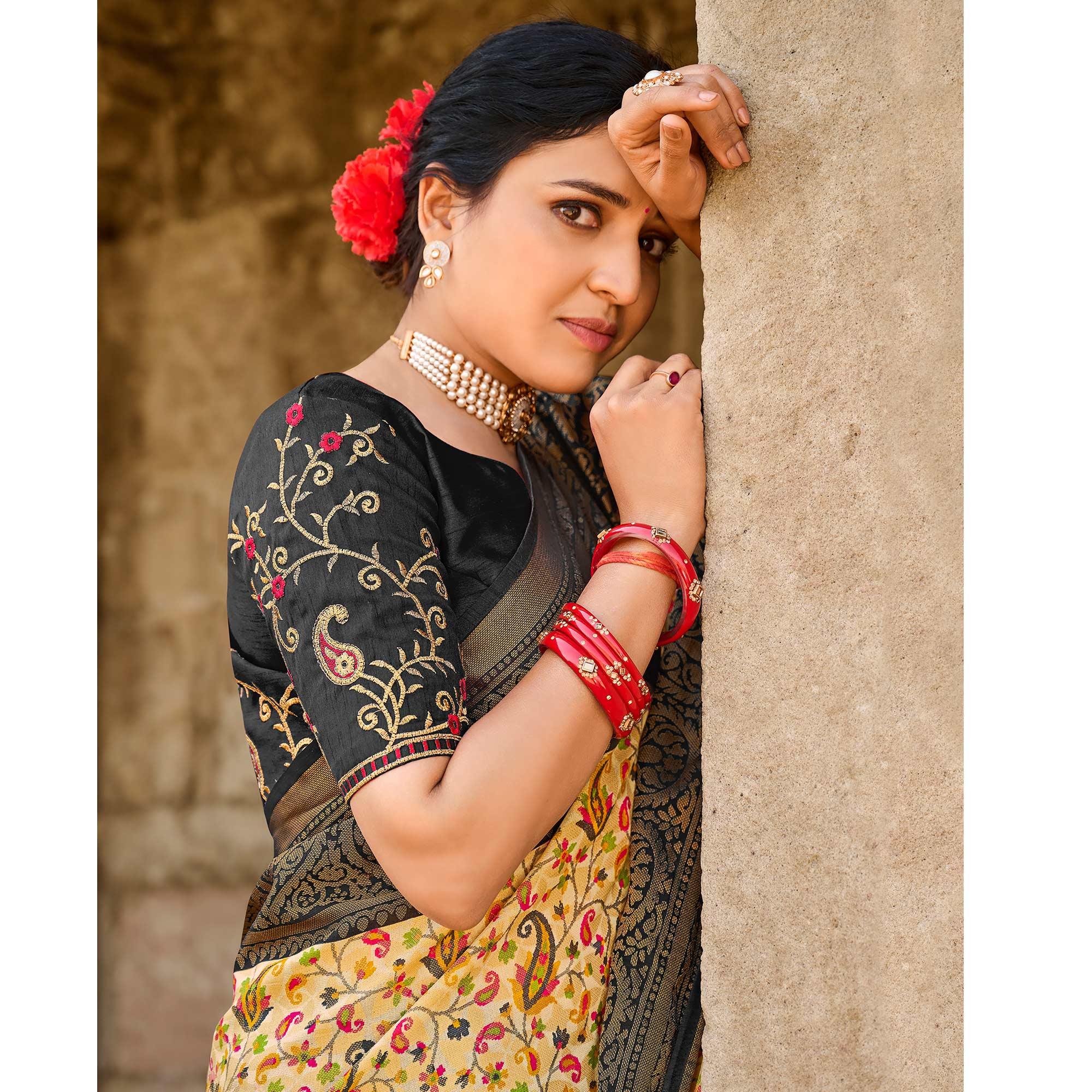 Cream Printed Art Silk Saree With Tassels - Peachmode