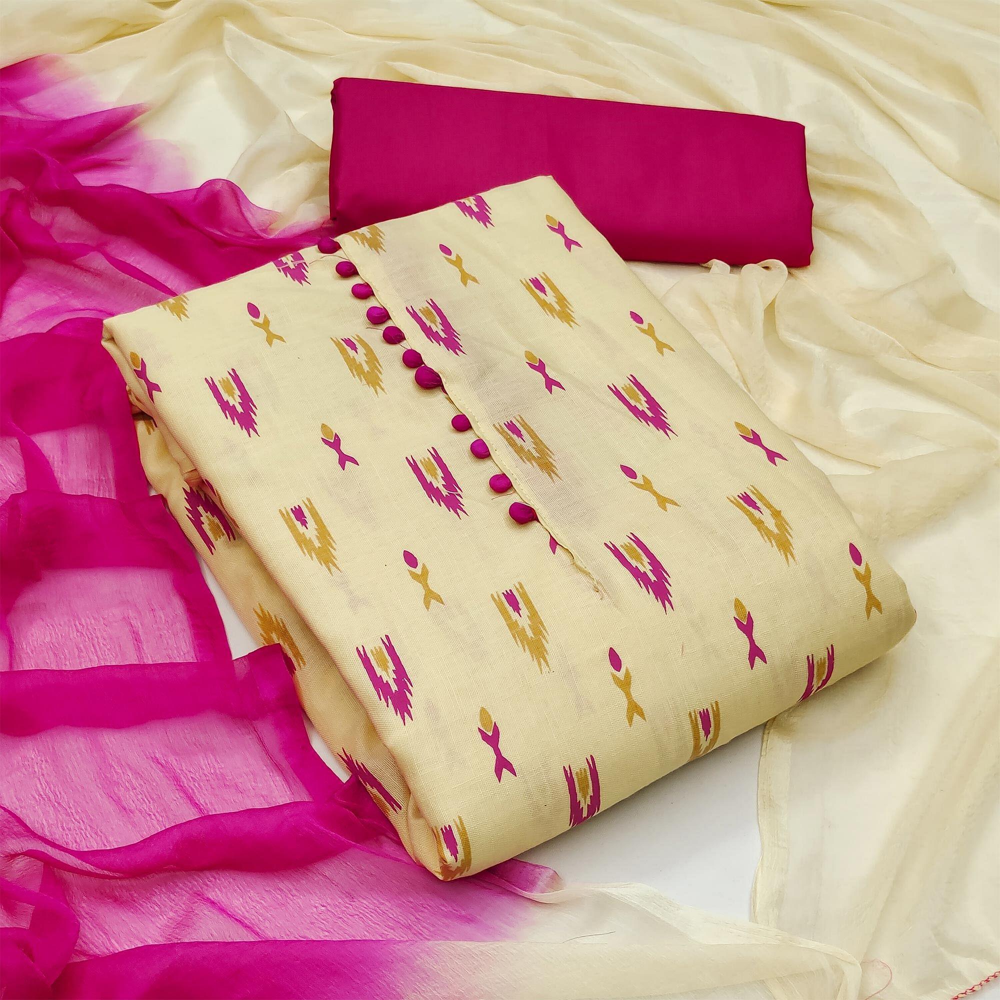 Cream Printed Cotton Dress Material - Peachmode