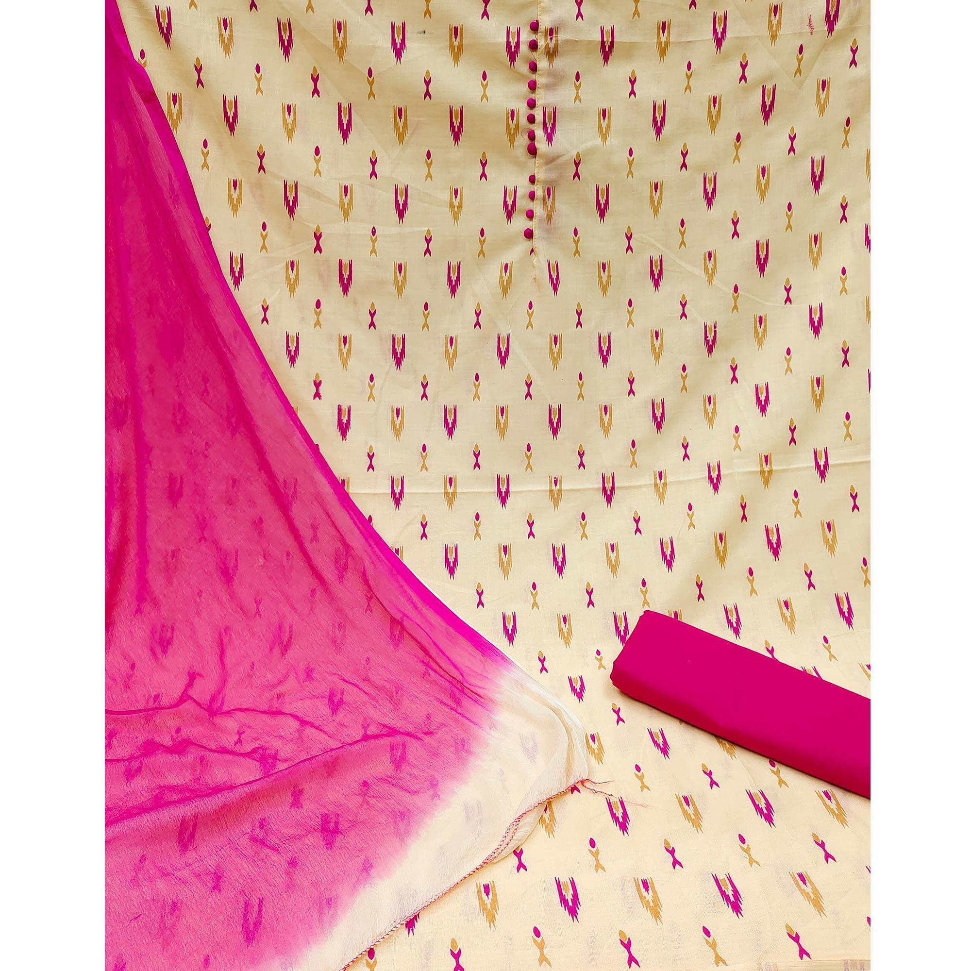 Cream Printed Cotton Dress Material - Peachmode