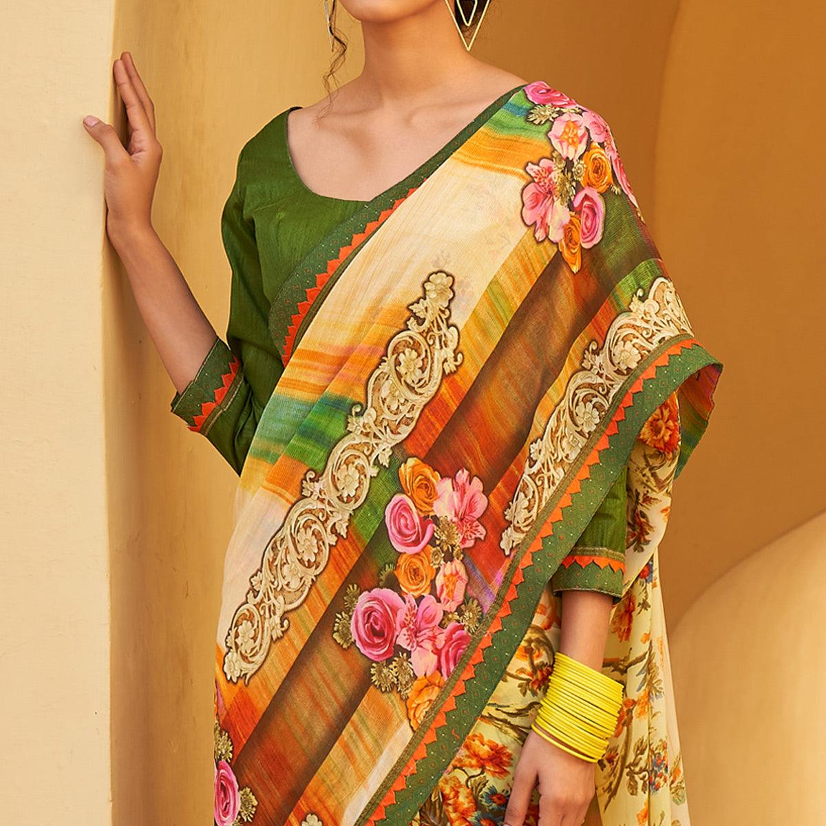 Cream Printed Georgette Saree - Peachmode
