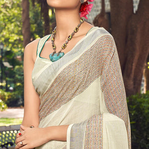 Cream Printed Linen Saree - Peachmode