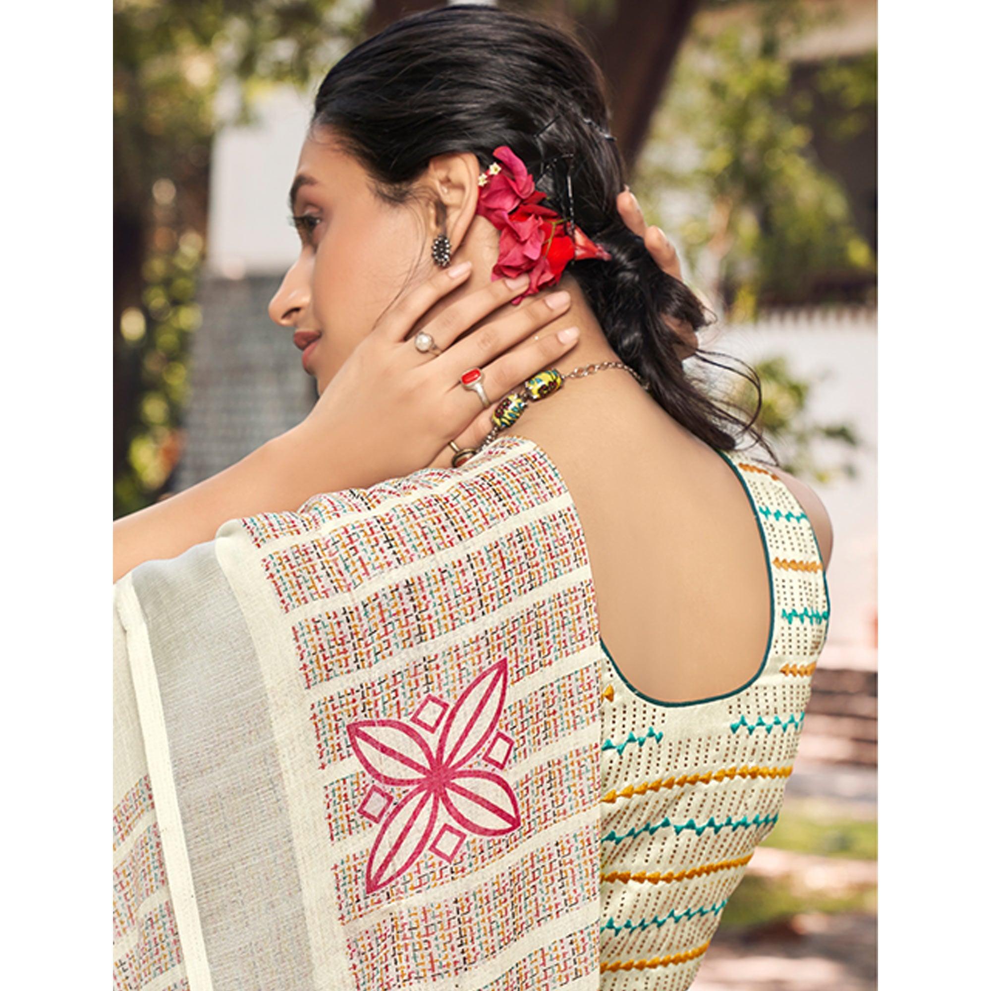 Cream Printed Linen Saree - Peachmode