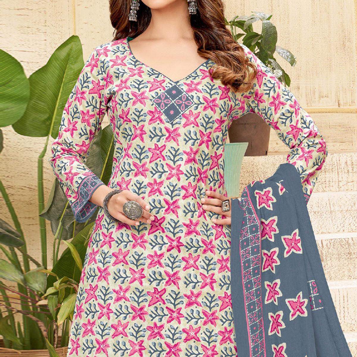 Cream Printed Pure Cotton Patiala Dress Material - Peachmode