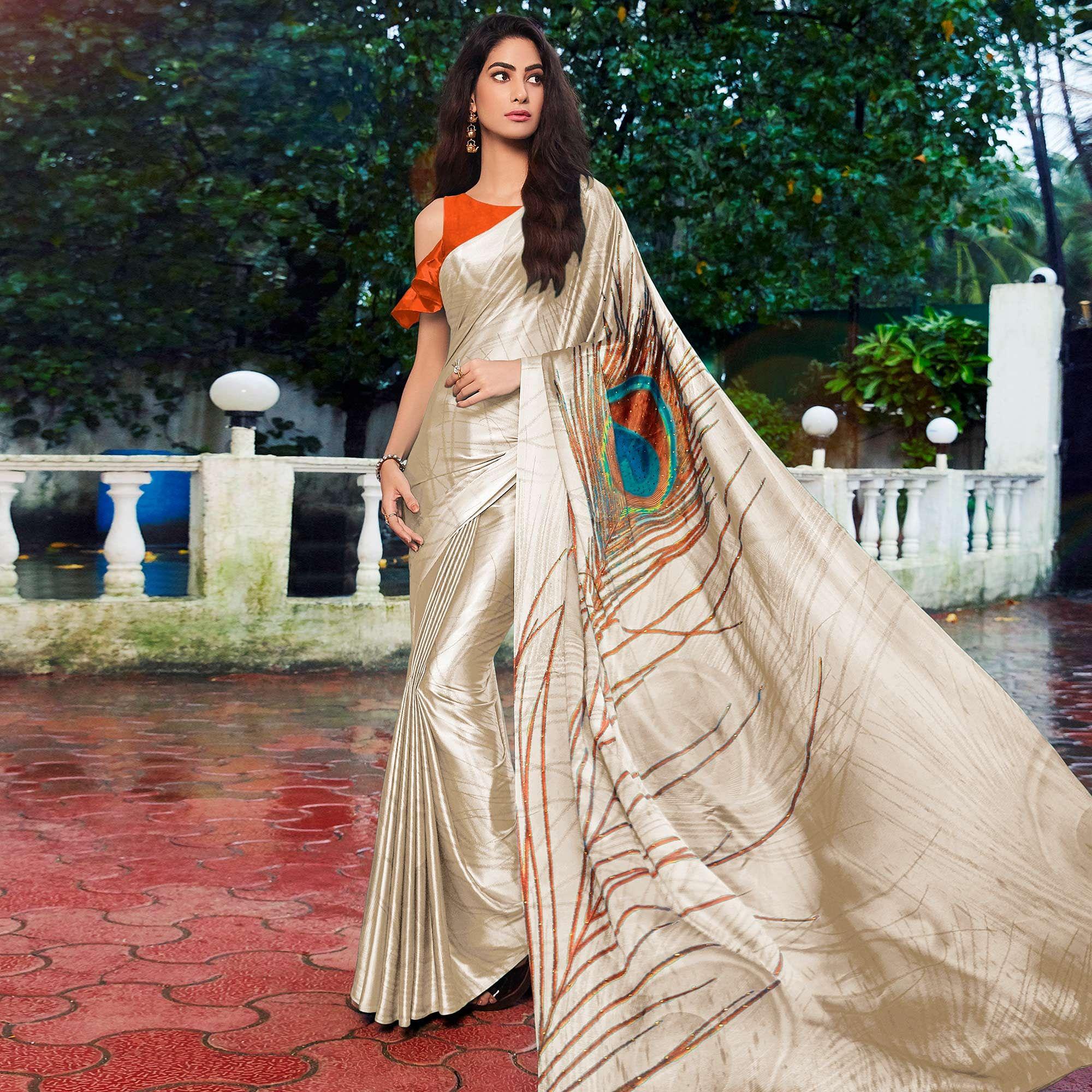 Cream Printed Pure Silk Saree - Peachmode